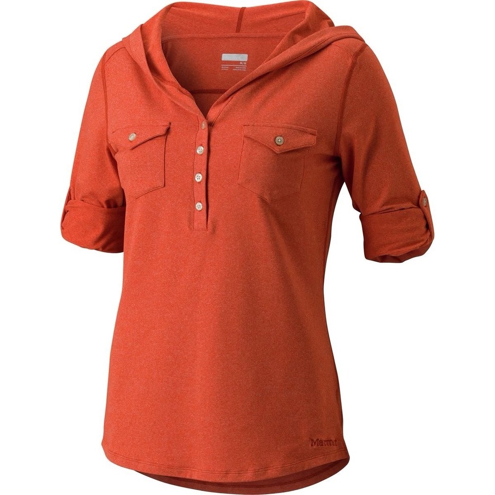 Marmot Laura Women's XL Orange Hooded Henley Shirt Roll Tab Hiking Outdoor
